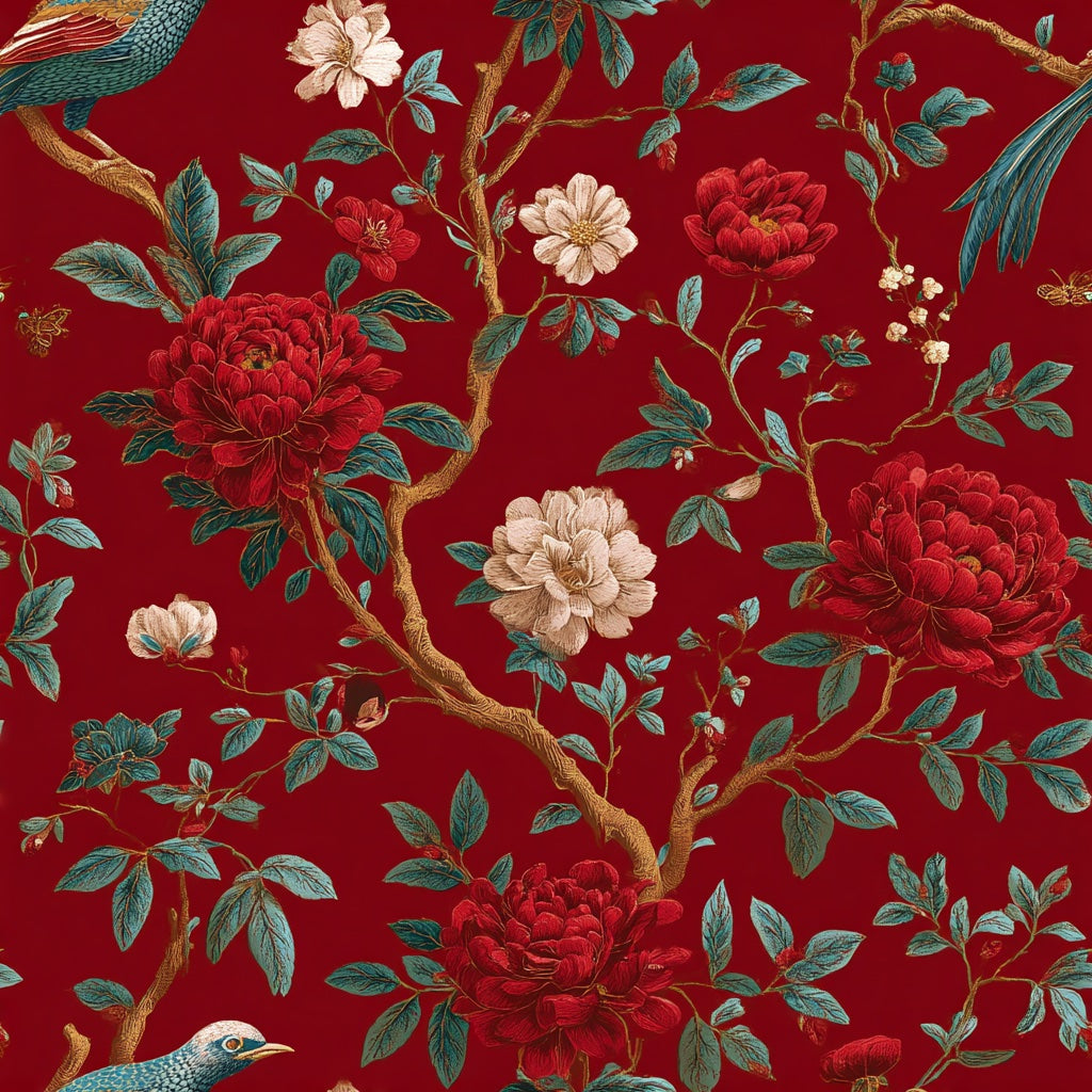 Rich Scarlet Red Floral and Bird Chinoiserie Wallpaper pattern artwork