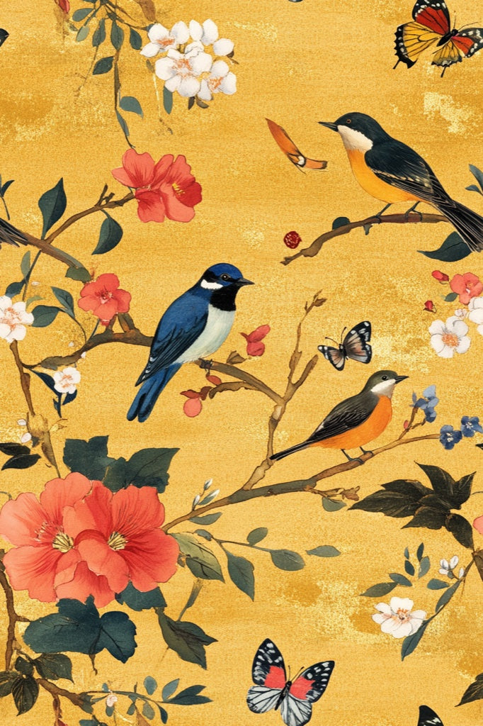 Bright Yellow Bird and Floral Pattern Wallpaper pattern artwork