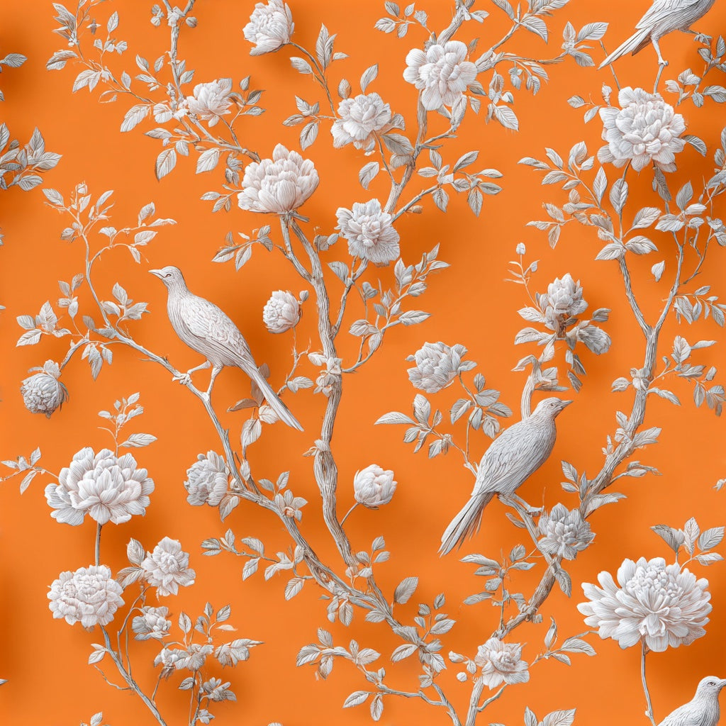 Vibrant Orange Peony and Bird Pattern Wallpaper pattern artwork