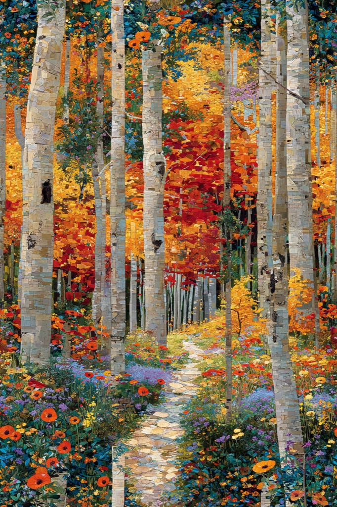 Vibrant Autumn Forest Pathway Wallpaper pattern artwork