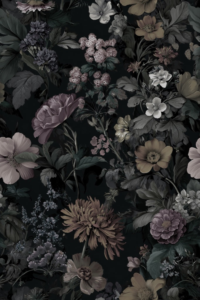 Moody Black Large Floral Pattern Wallpaper pattern artwork