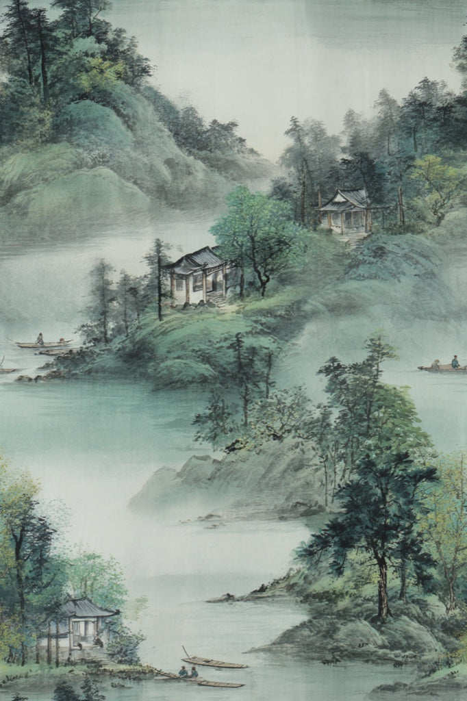 Soft Sage Green Chinoiserie Landscape Wallpaper pattern artwork