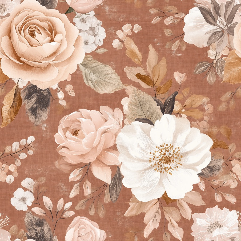Terracotta and Cream Rose Floral Wallpaper pattern artwork