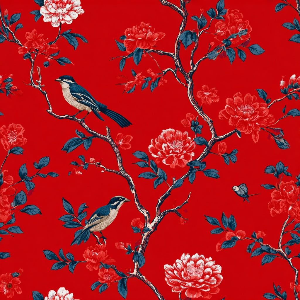 Bold Red Peony and Bird Chinoiserie Wallpaper pattern artwork