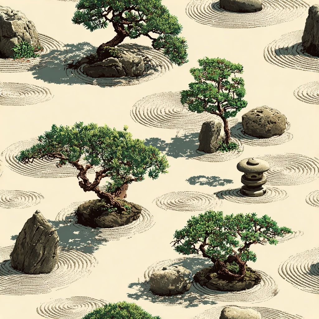 Tranquil Beige and Green Zen Garden Wallpaper pattern artwork