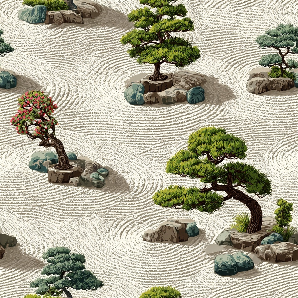 Beige Zen Garden Bonsai Wallpaper pattern artwork