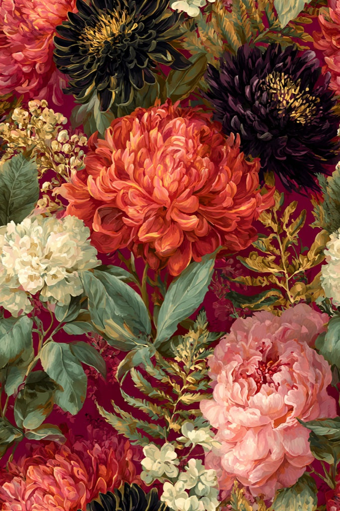 Burgundy and Orange Peony Floral Wallpaper pattern artwork