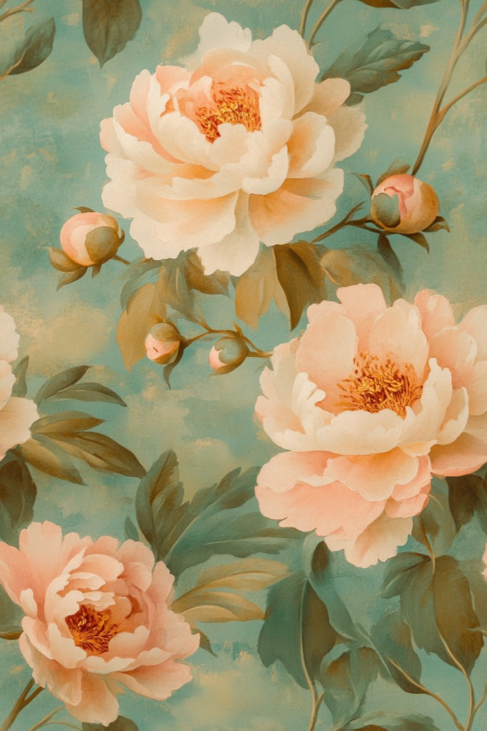 Peach and Green Peony Floral Wallpaper pattern artwork