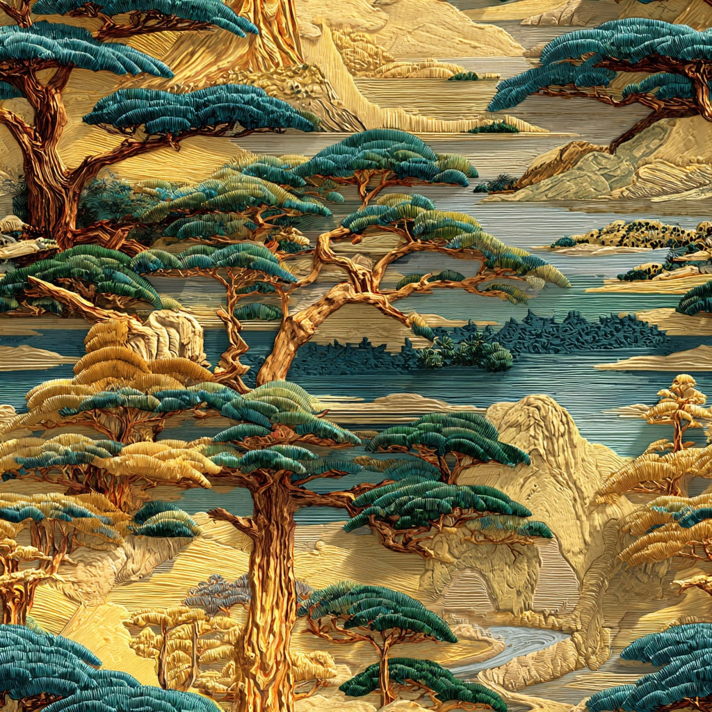 Oriental Landscape Wallpaper Vintage Golden Look Wall Mural pattern artwork