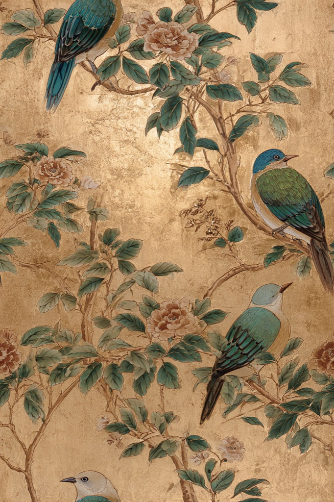 Floral Wallpaper Birds Golden Look Decorative Mural pattern artwork