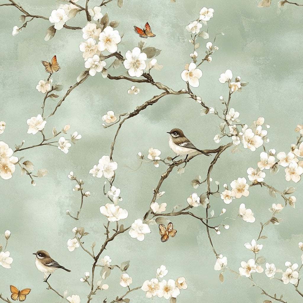 Soft Sage Green Cherry Blossom and Bird Wallpaper pattern artwork