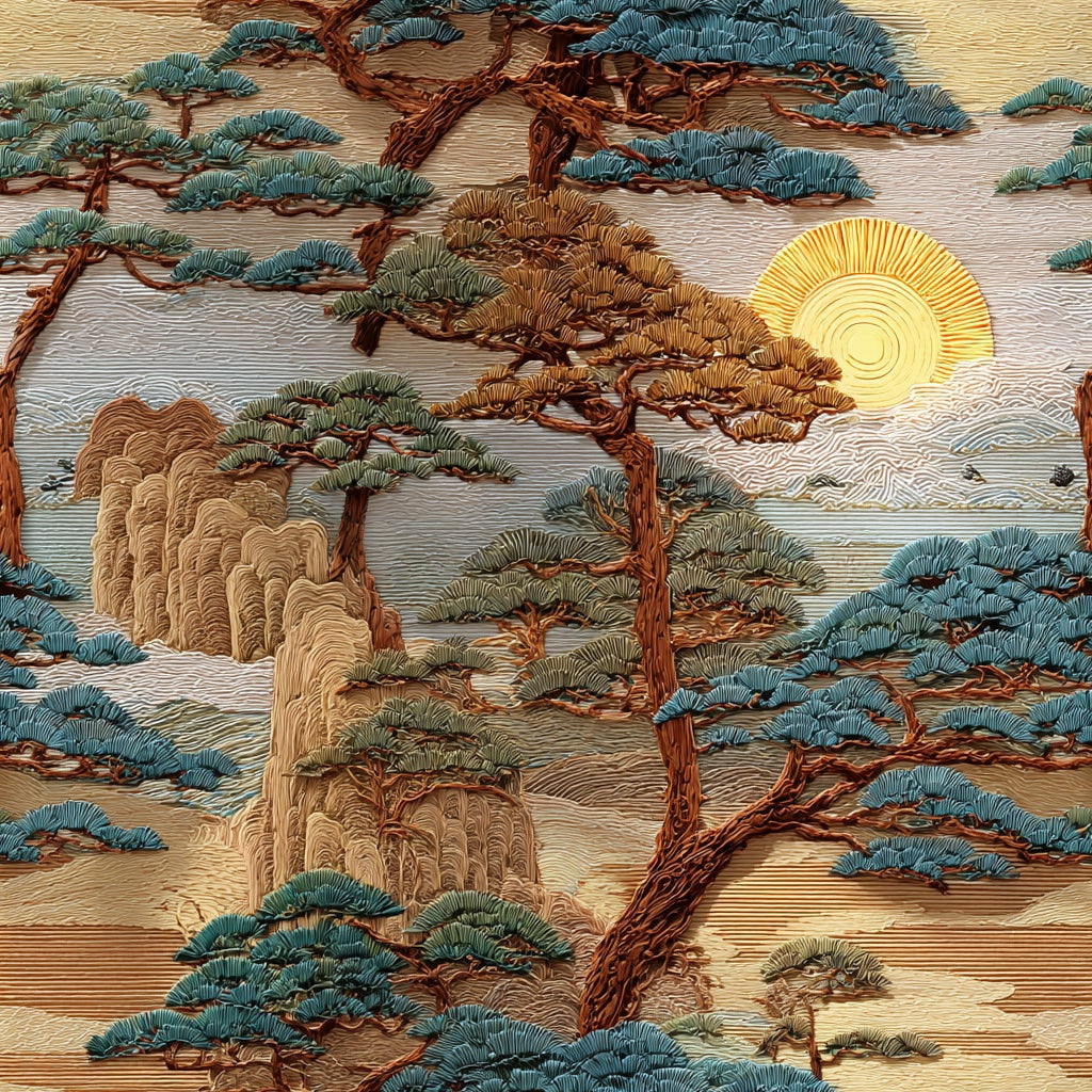 East Asian Landscape Wallpaper Trees Sun Wall Mural pattern artwork