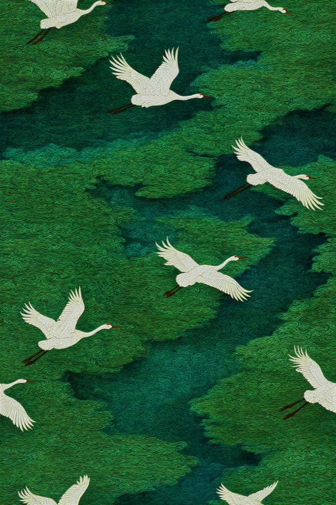 Cranes Wallpaper Green Nature Decorative Mural pattern artwork