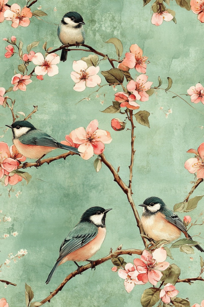 Mint Green Cherry Blossom and Bird Wallpaper pattern artwork