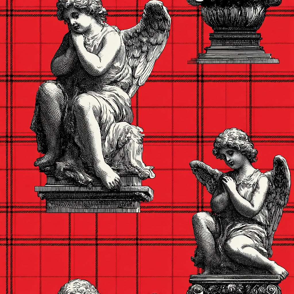 Angelic Statues Wallpaper Red Plaid Eclectic Decorative Mural pattern artwork