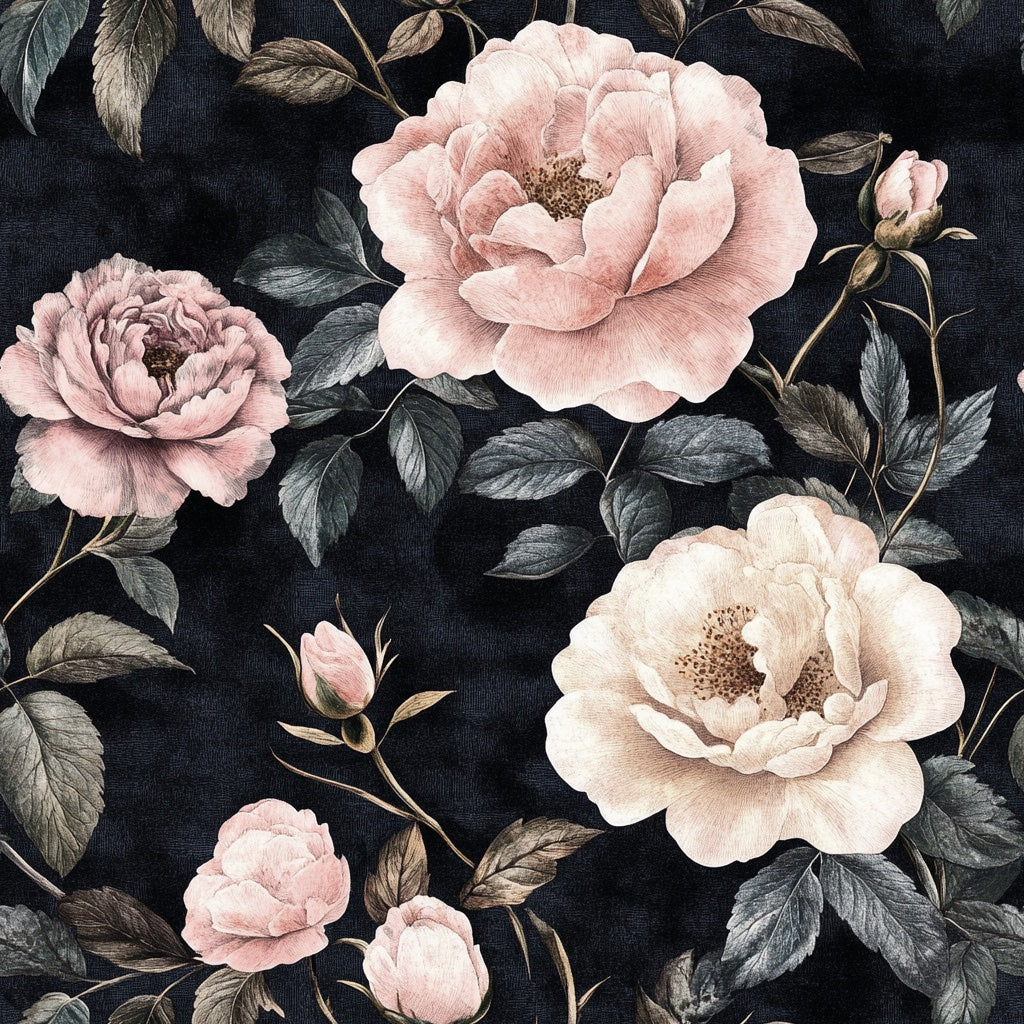 Dusky Black Vintage Rose Floral Wallpaper pattern artwork