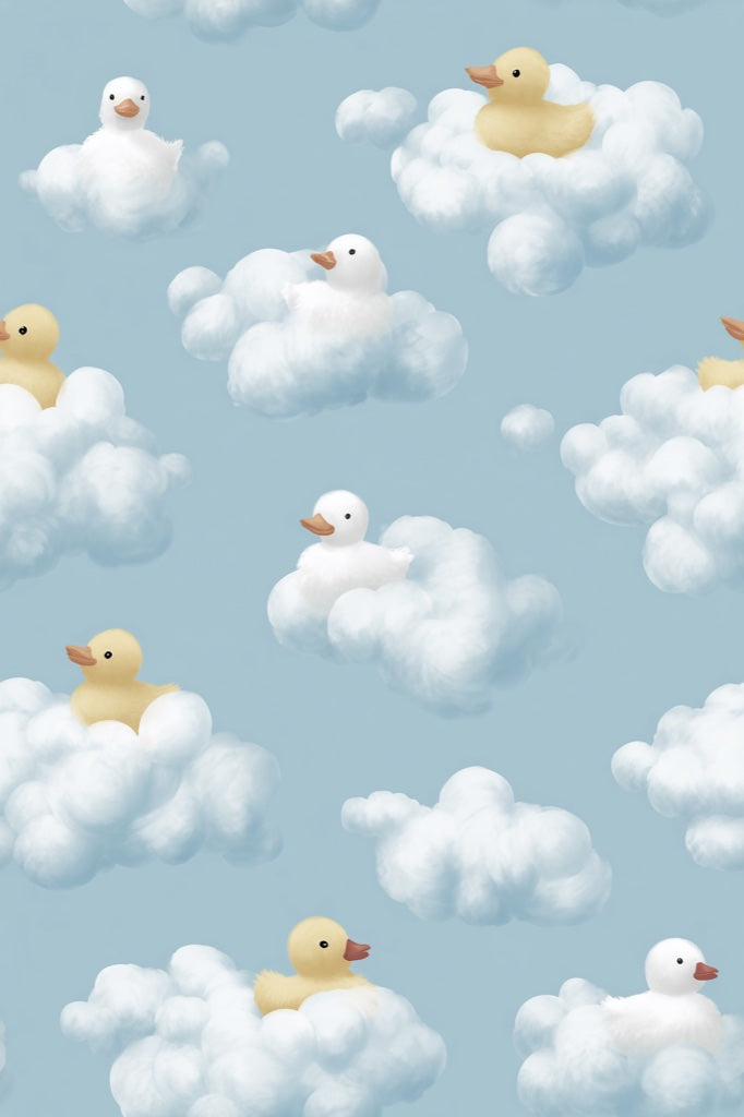 Whimsical Clouds Wallpaper Playful Ducks Decorative Mural pattern artwork