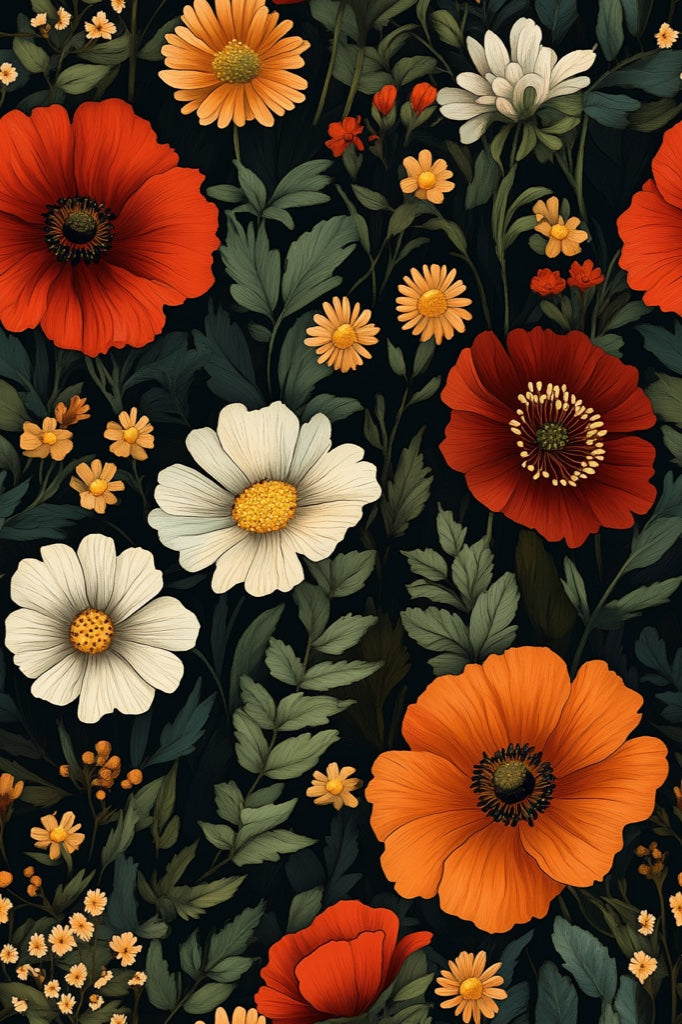 Vintage Orange Floral Wallpaper with Dark Background pattern artwork