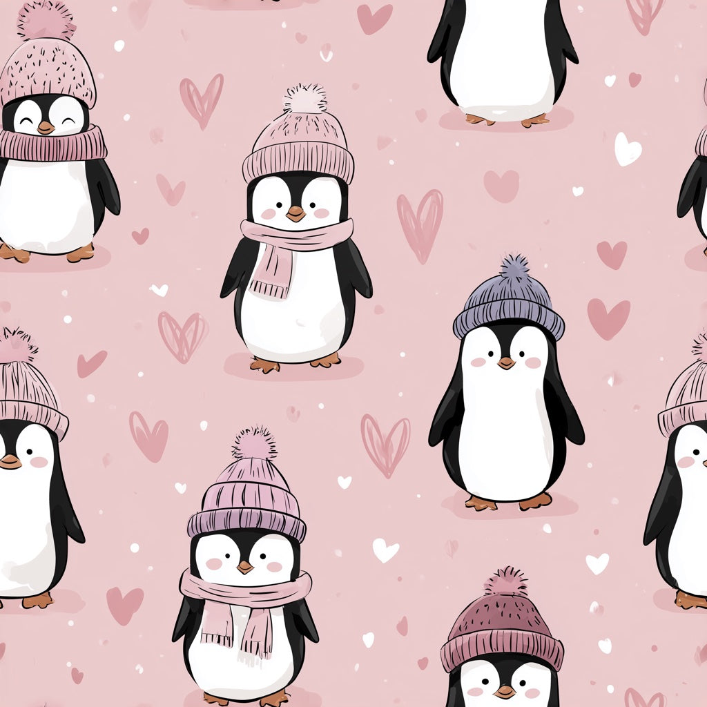 Penguins Wallpaper Pink Playful Decorative Mural pattern artwork