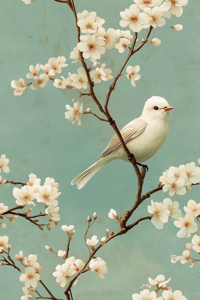 Mint Green Cherry Blossom and Bird Wallpaper pattern artwork