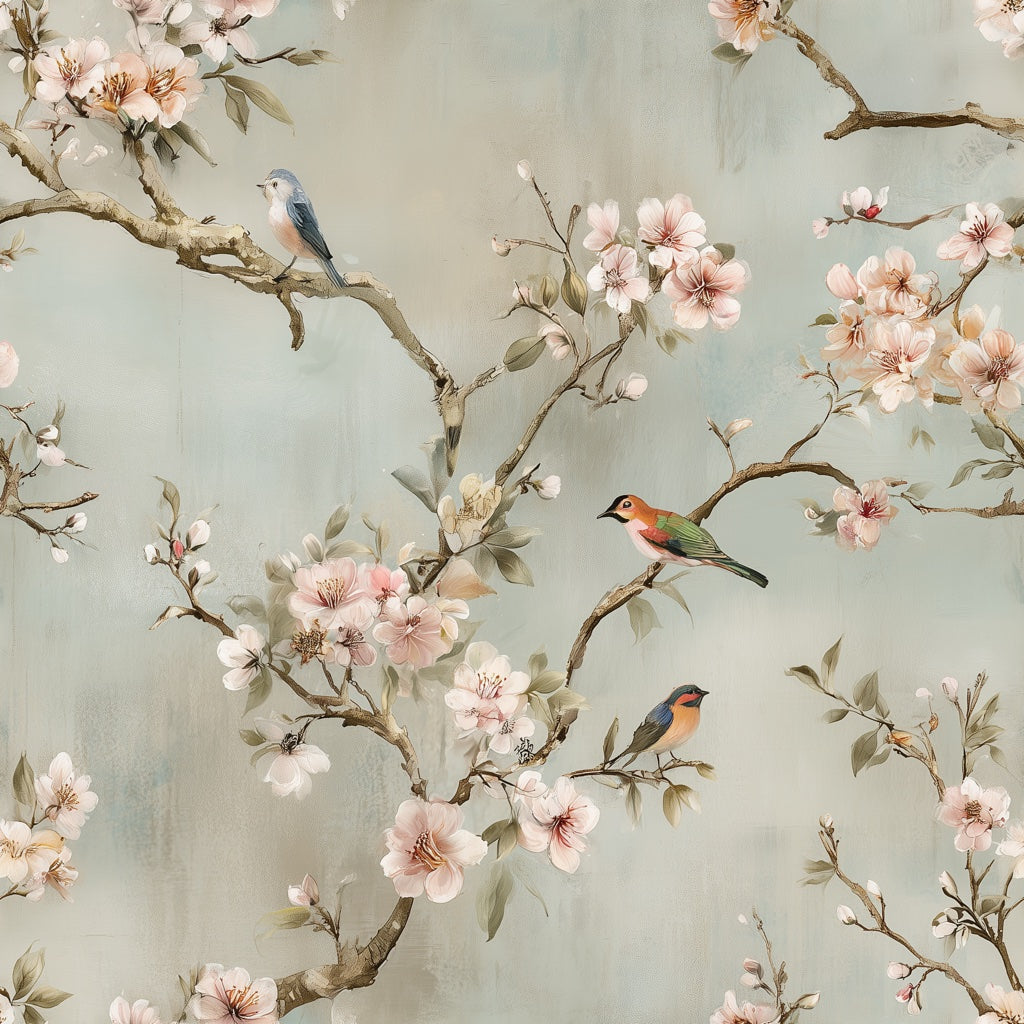 Pink Cherry Wallpaper Birds Vintage Decorative Mural pattern artwork
