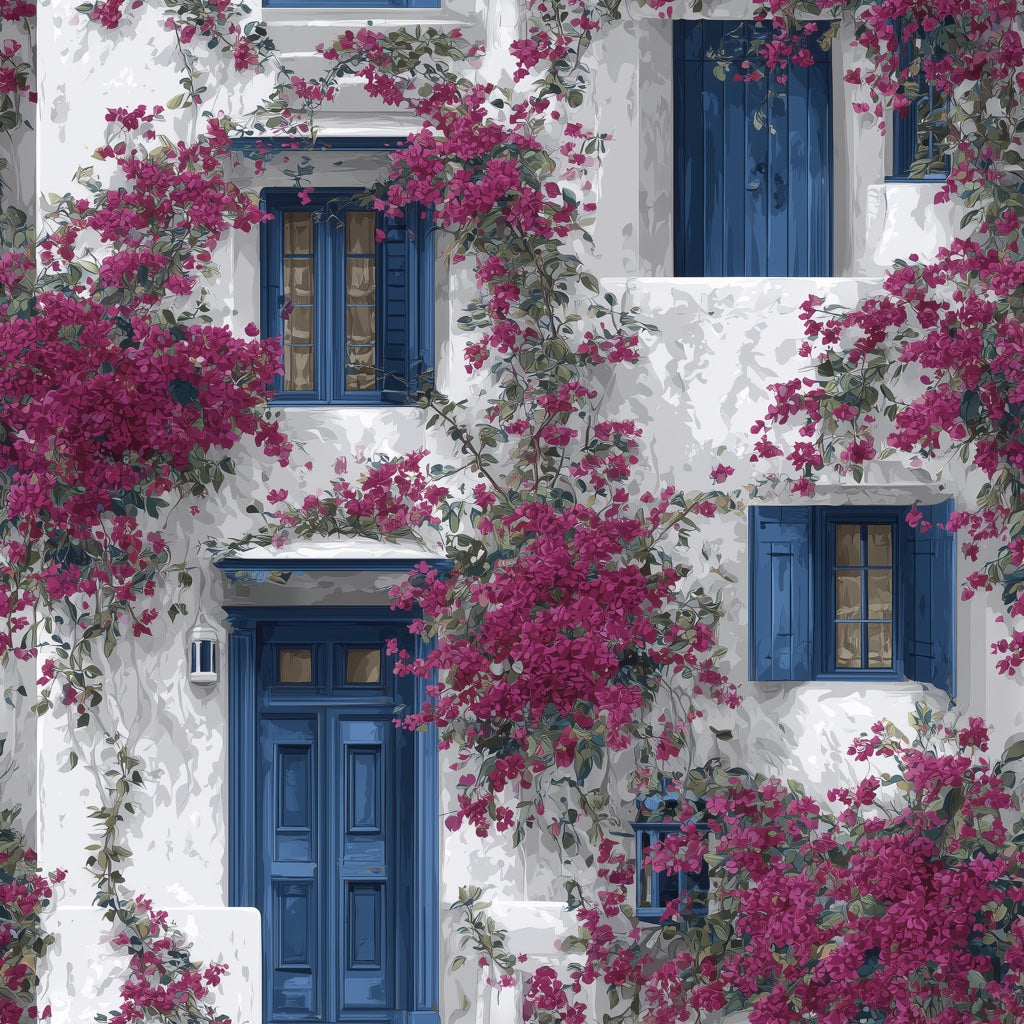 Mediterranean Walls Wallpaper Blue Floral Decorative Mural pattern artwork