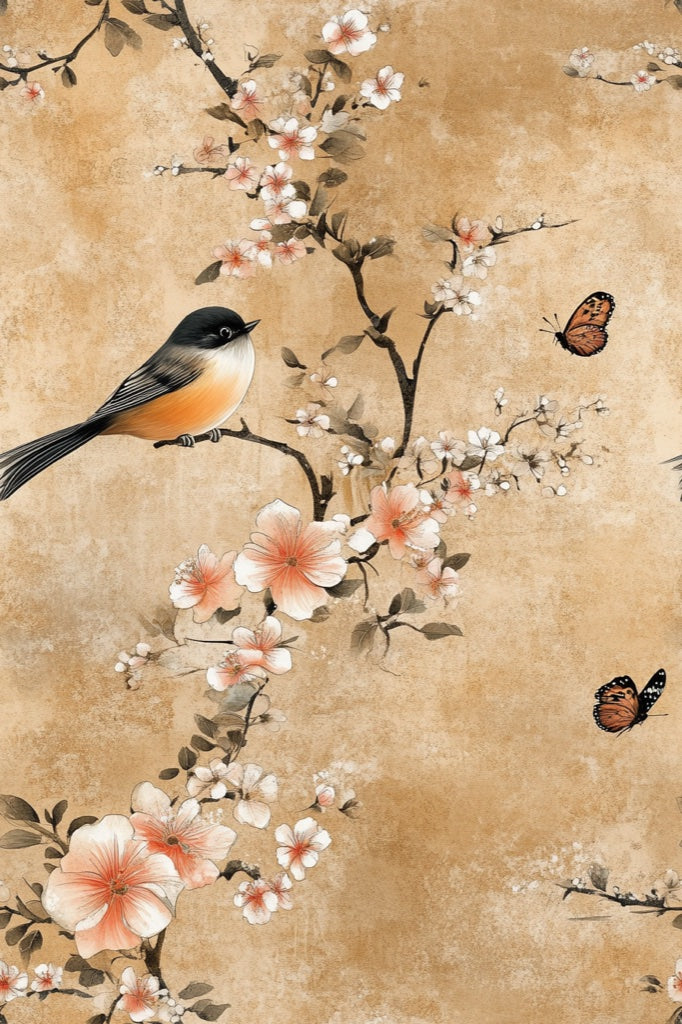 Warm Beige Cherry Blossom and Bird Wallpaper pattern artwork