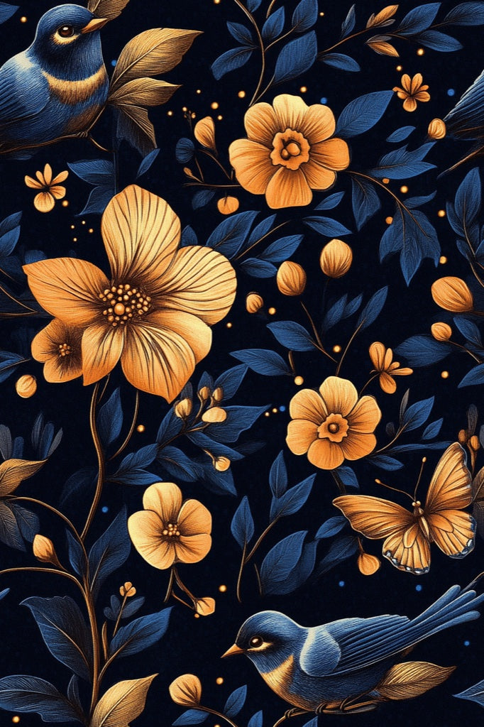 Dark Midnight Blue Floral Birds Wallpaper pattern artwork