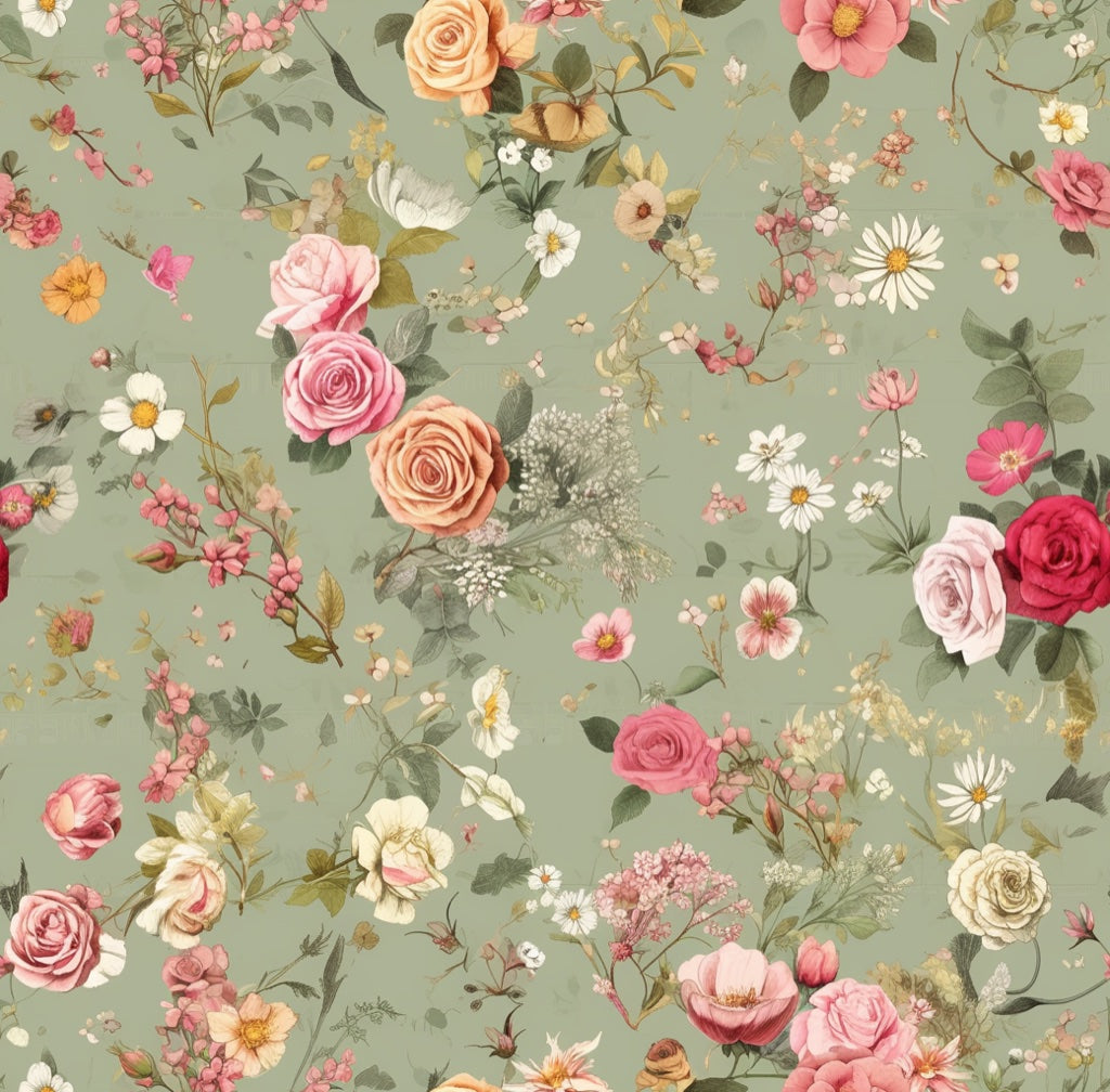 Sage Green Romantic Rose Floral Wallpaper pattern artwork