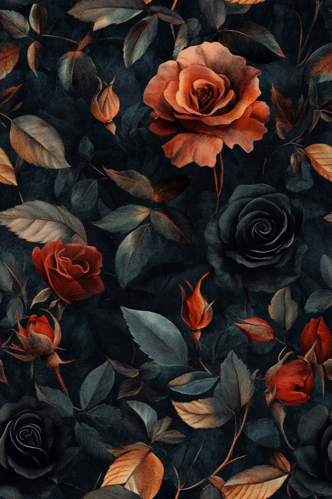 Moody Black and Burnt Orange Rose Floral Wallpaper pattern artwork