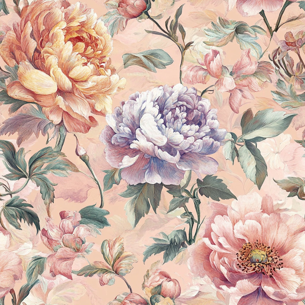 Beige and Multicolor Peony Floral Wallpaper pattern artwork