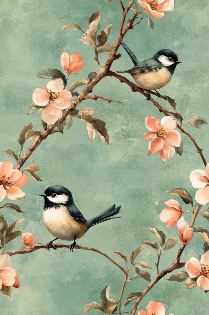 Sage Green Cherry Blossom Bird Wallpaper pattern artwork