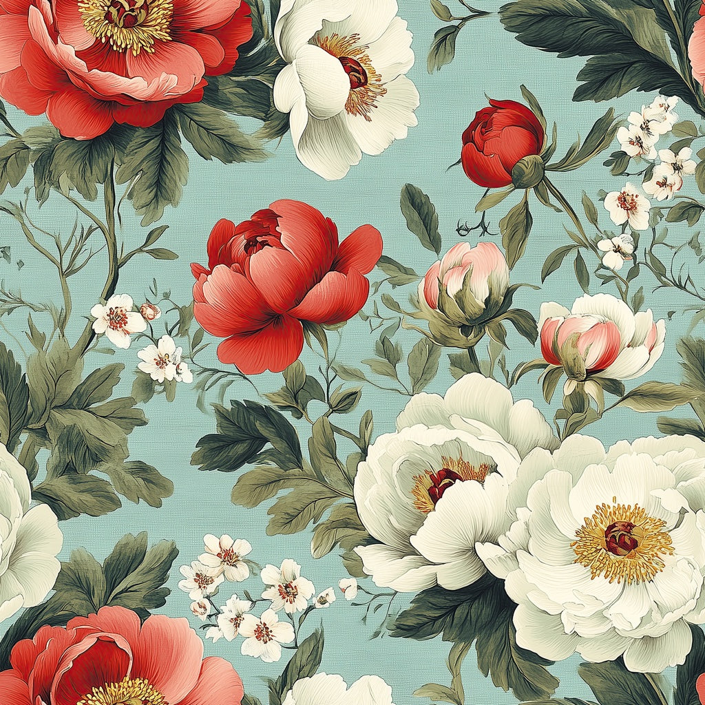 Serene Teal and Red Peony Floral Wallpaper pattern artwork
