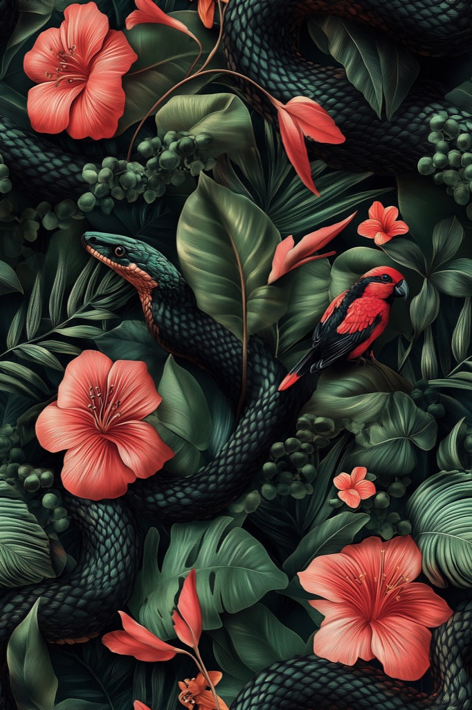 Dark Black Jungle Floral and Bird Wallpaper pattern artwork