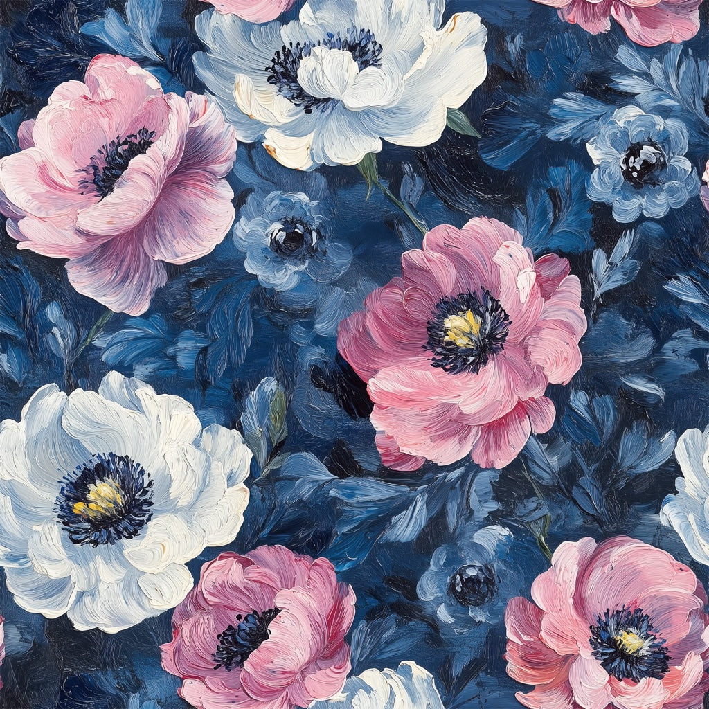 Deep Blue and Pink Large Floral Wallpaper pattern artwork