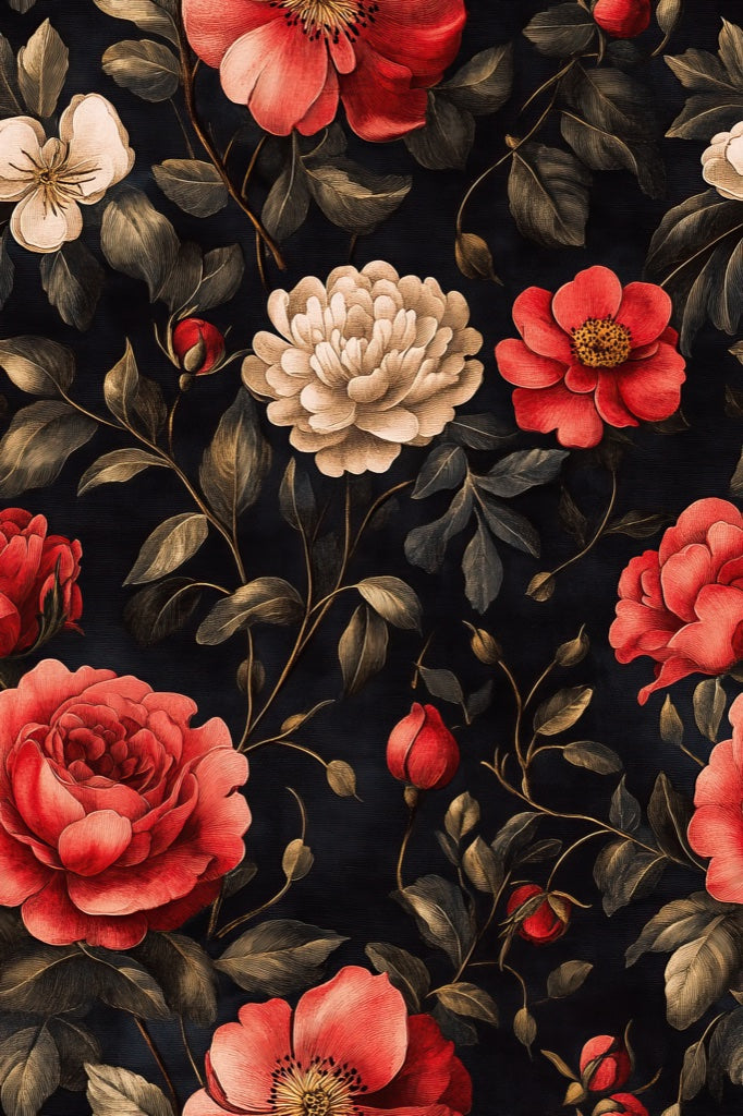Dramatic Black and Red Rose Floral Wallpaper pattern artwork