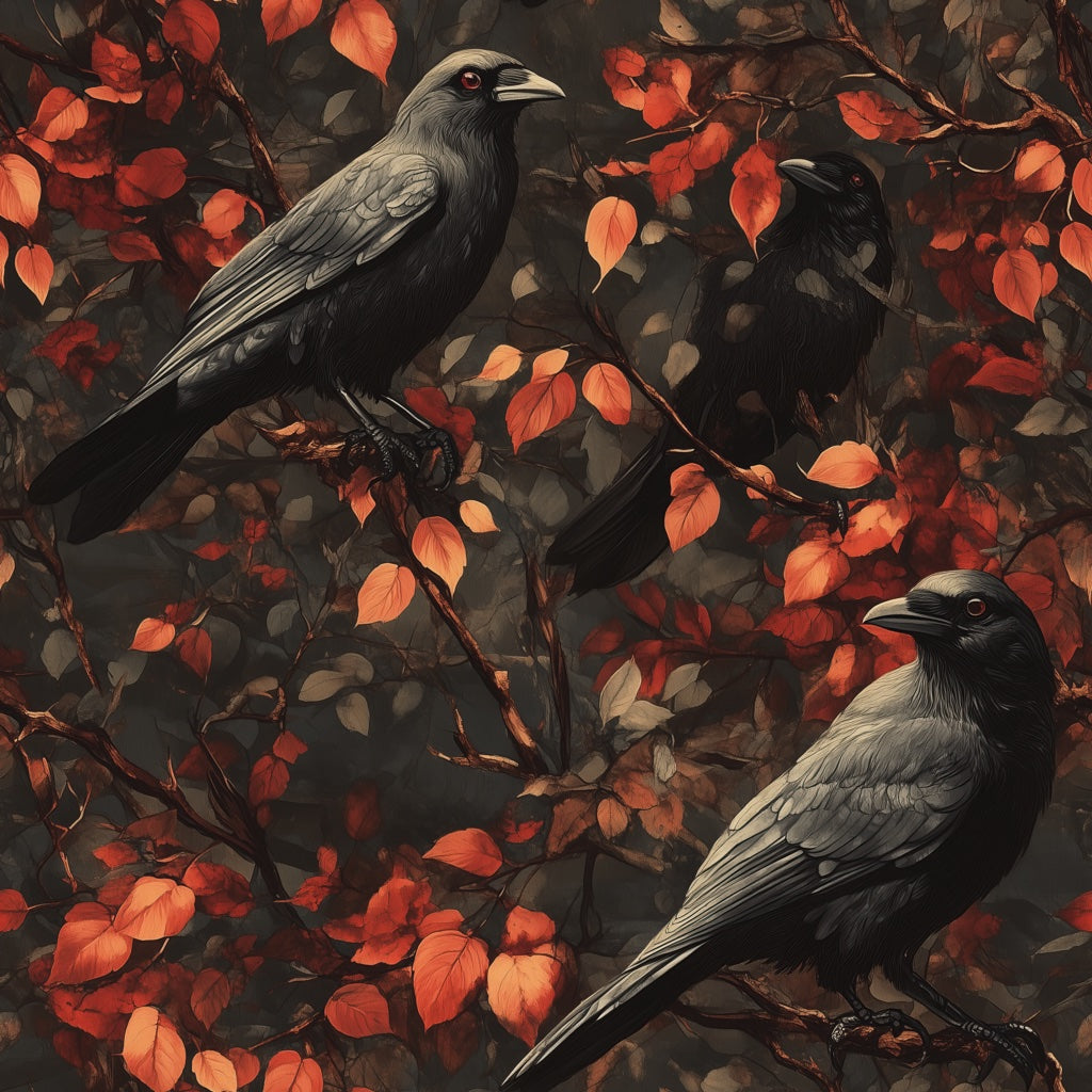 Dark Autumn Crow and Leaves Wallpaper pattern artwork