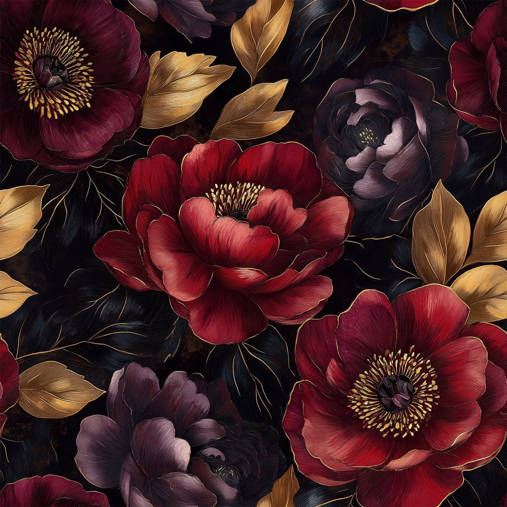 Deep Burgundy and Gold Look Floral Elegance Wallpaper pattern artwork