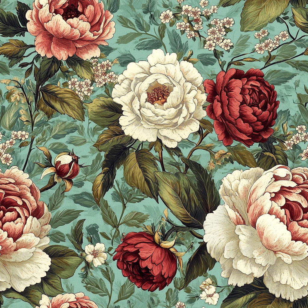 Teal and Red Peony Floral Wallpaper pattern artwork