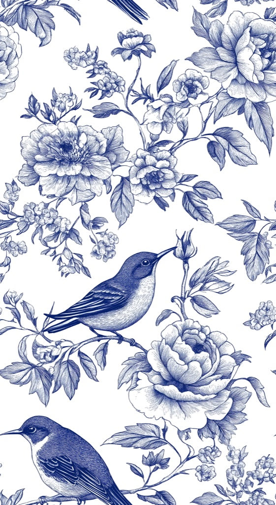 Blue and White Bird Floral Toile Wallpaper pattern artwork