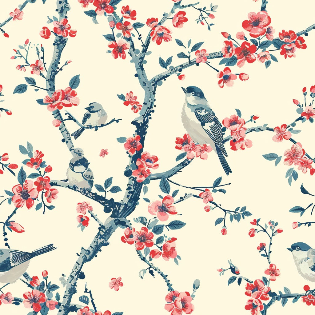 Cream Cherry Blossom and Blue Bird Wallpaper pattern artwork