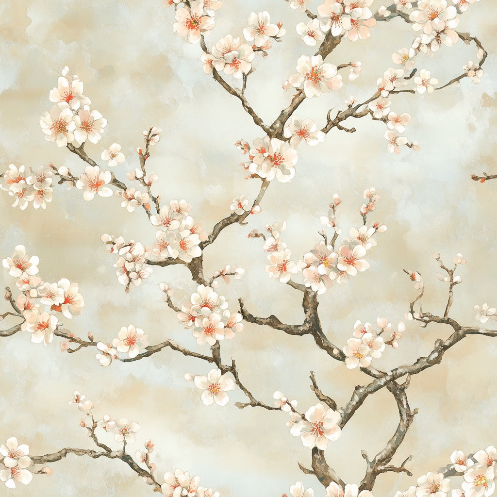 Soft Beige Cherry Blossom Floral Wallpaper pattern artwork