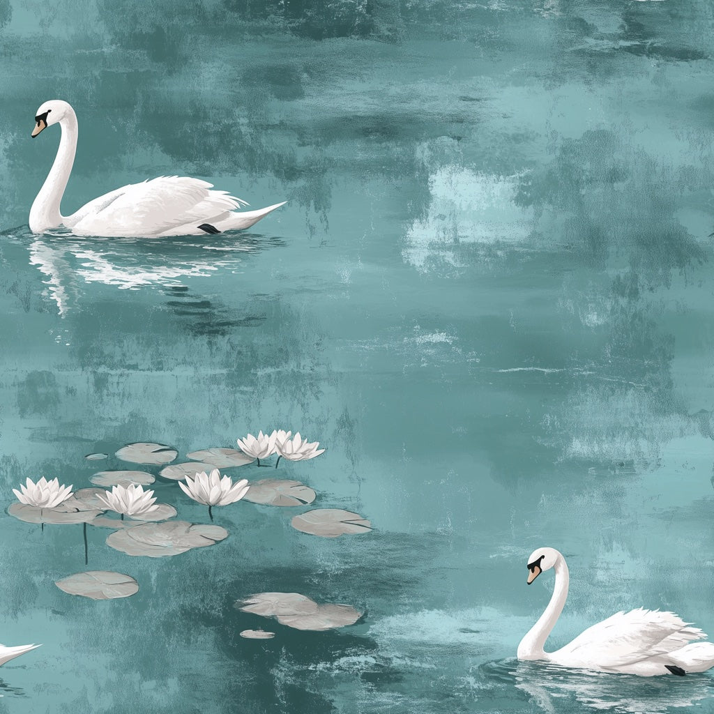 Teal Serenity Swan Lake Scene Wallpaper pattern artwork