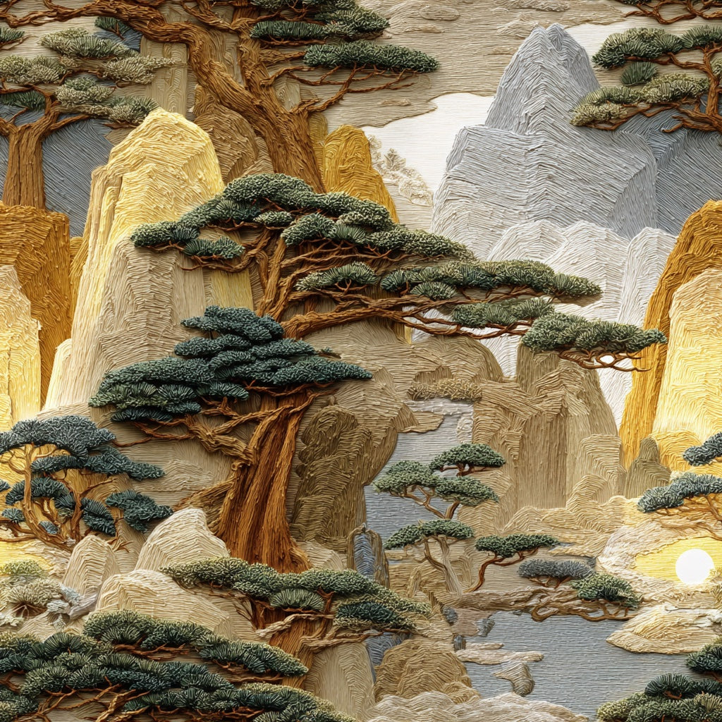 Warm Beige Japanese Mountain Landscape Wallpaper pattern artwork