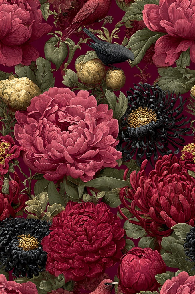 Burgundy Peony and Bird Vintage Wallpaper pattern artwork