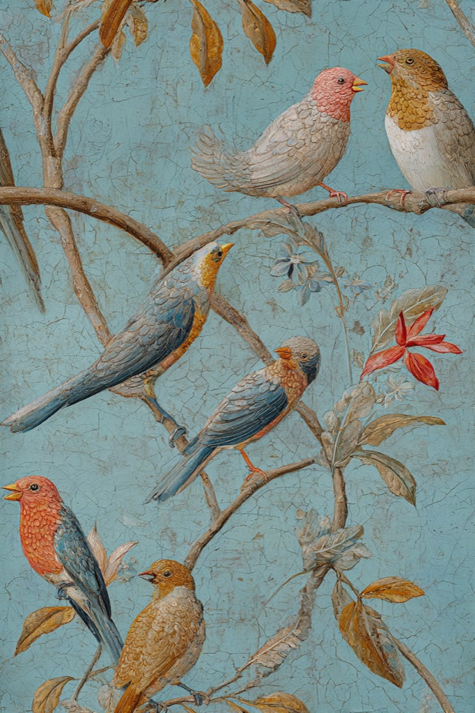 Muted Teal Vintage Bird and Branch Wallpaper pattern artwork