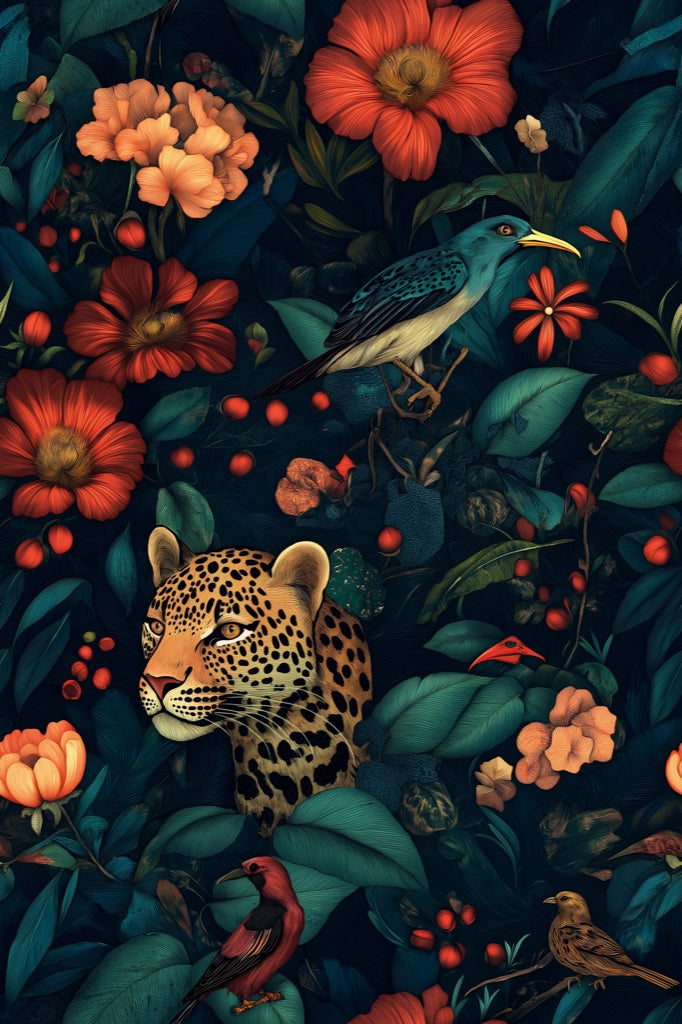 Dark Jungle Leopard and Tropical Floral Wallpaper pattern artwork