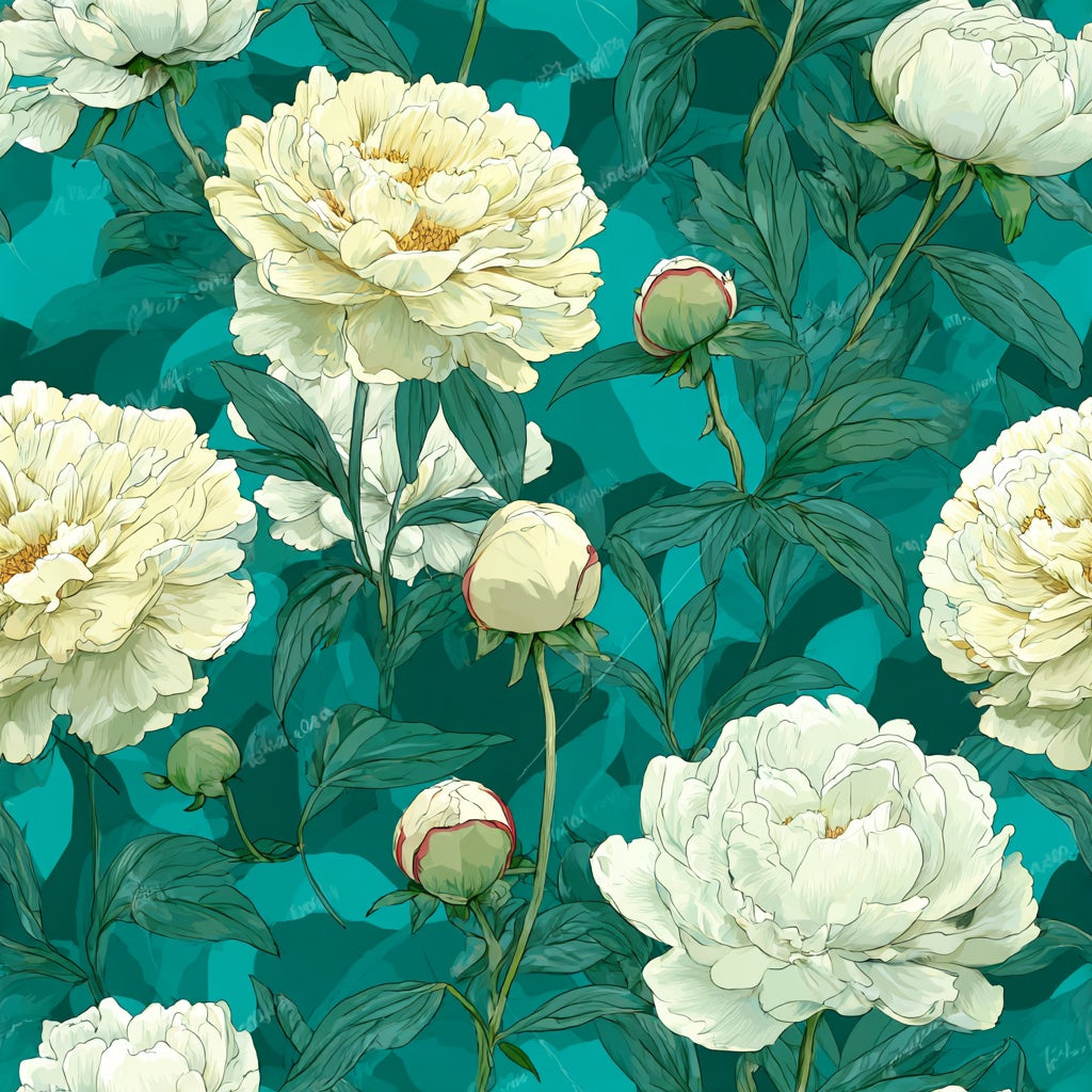 Teal and Cream Peony Floral Wallpaper pattern artwork