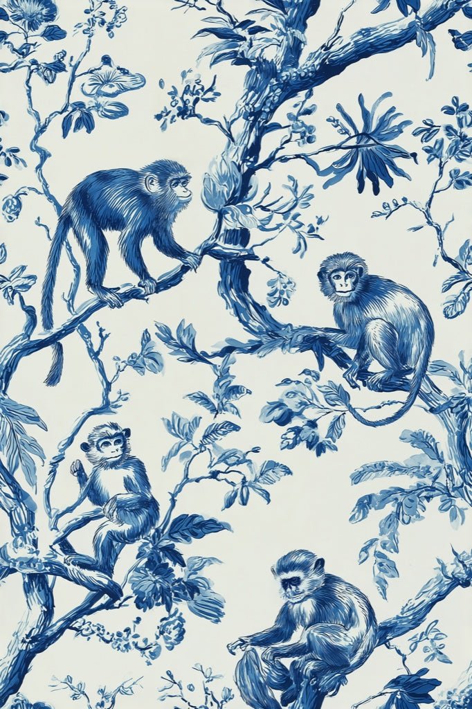 Monkeys Toile Wallpaper Floral Traditional Decorative Mural pattern artwork