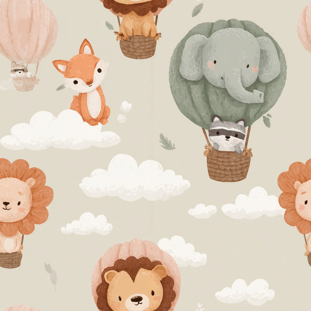 Whimsical Animals Wallpaper Clouds Pastel Decorative Mural pattern artwork